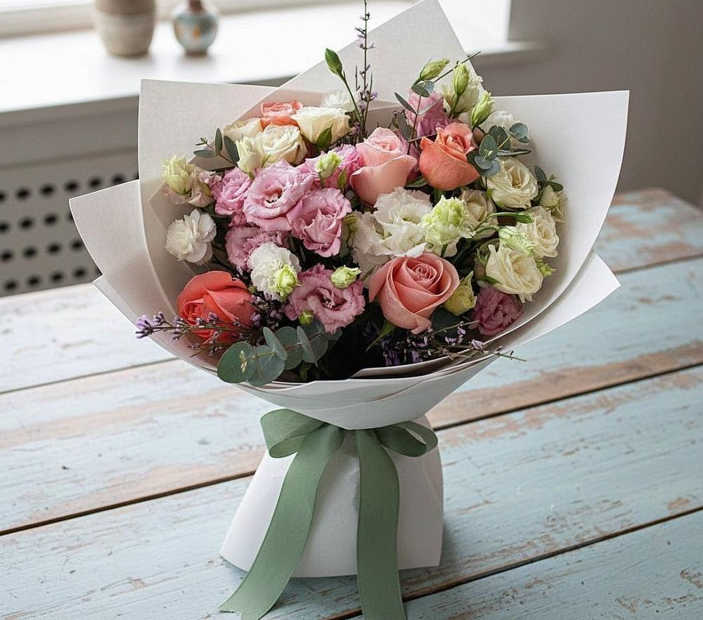 Букет цветов из: Розы, Лизиантусы и Гвоздики в Миатли