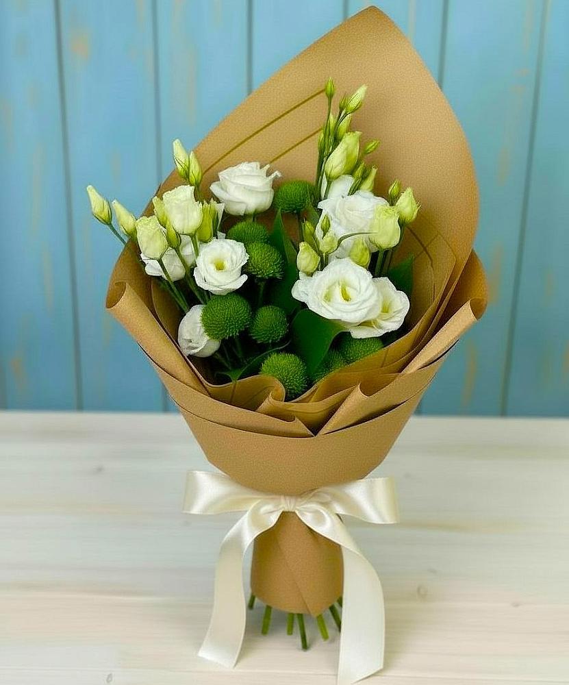 Букет цветов из: Хризантемы и Лизиантусы в Миатли