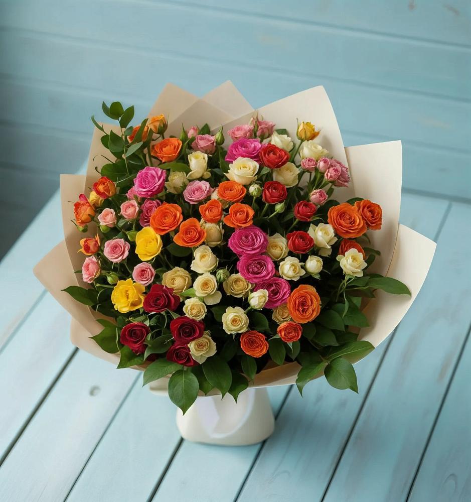 Букет Микс из разноцветных кустовых роз в Миатли