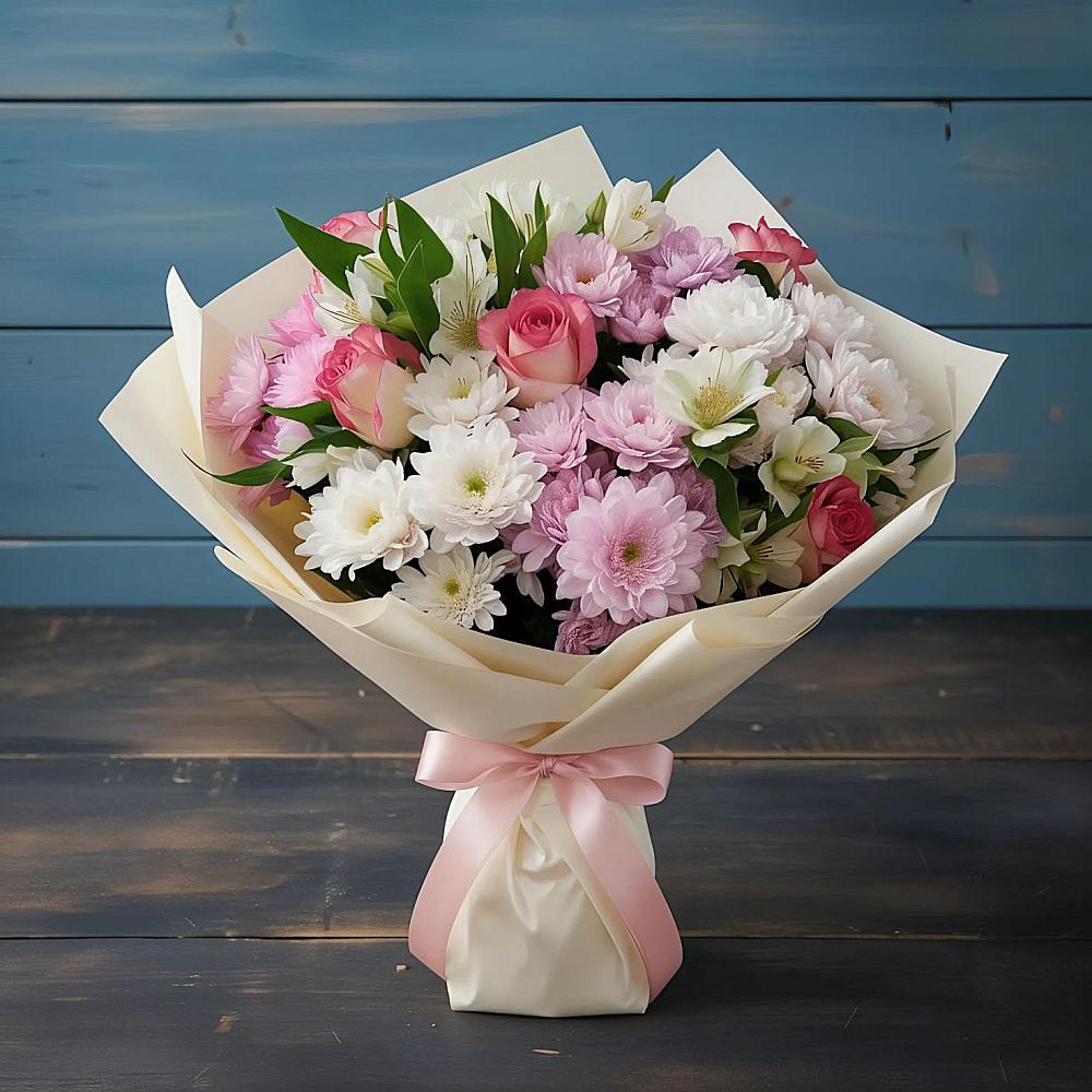 Букет цветов из: Хризантемы, Альстромерии и Розы в Миатли